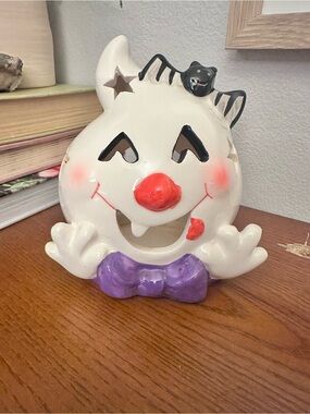 White Ceramic Halloween Ghost with Purple Bow - Decorative Accent